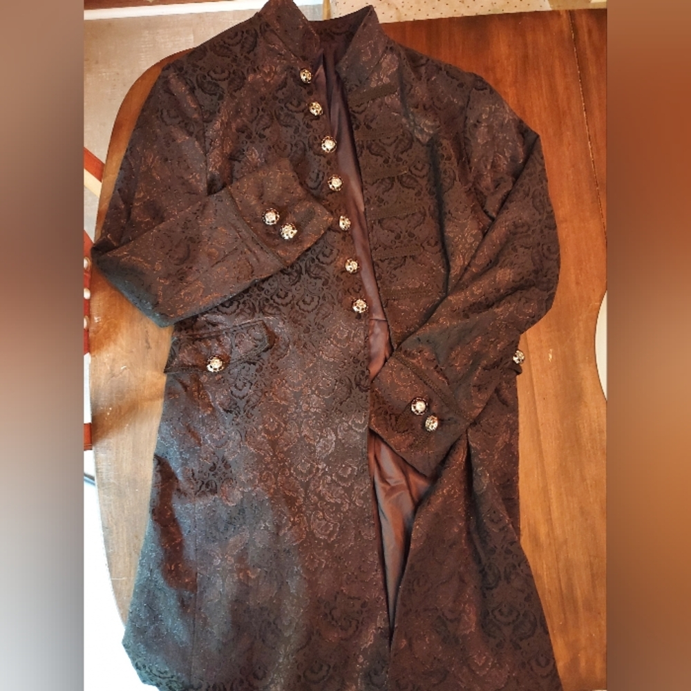 Elegant Black Brocade Coat with Silver Buttons